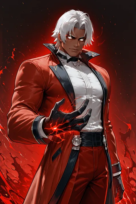 masterpiece, best quality, amazing quality, RugalIL, 1boy, solo, male focus, mature male, white eyes, full white sclera short hair, white hair, glowing eyes, muscular, white shirt, black gloves, red pants, red coat, red jacket, young man, dark skin, a red ...