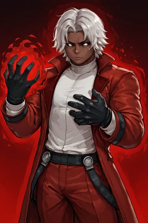 masterpiece, best quality, amazing quality, RugalIL, 1boy, solo, male focus, mature male, white eyes, full white sclera short hair, white hair, glowing eyes, muscular, white shirt, black gloves, red pants, red coat, red jacket, young man, dark skin, a red ...