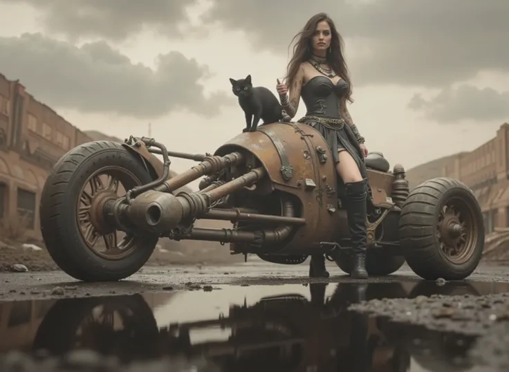 The image shows a desolate scenario with a Renegade Princess with her black cat on a uniquely designed motorcycle that embodies a steampunk or post-apocalyptic aesthetic. The motorcycle is sturdy, has only 2 sturdy all-terrain wheels, with a mix of exposed...
