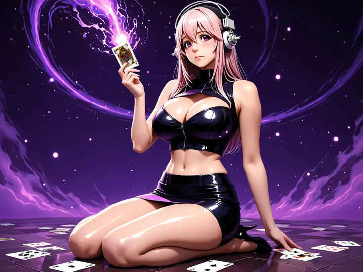 Super sonico, shes wearing a sexy mini skirt and revelead crop top large breast shes sitting in floor, with a "Magic:the gathering" card in her hand, purple color, purple background, shiny skin