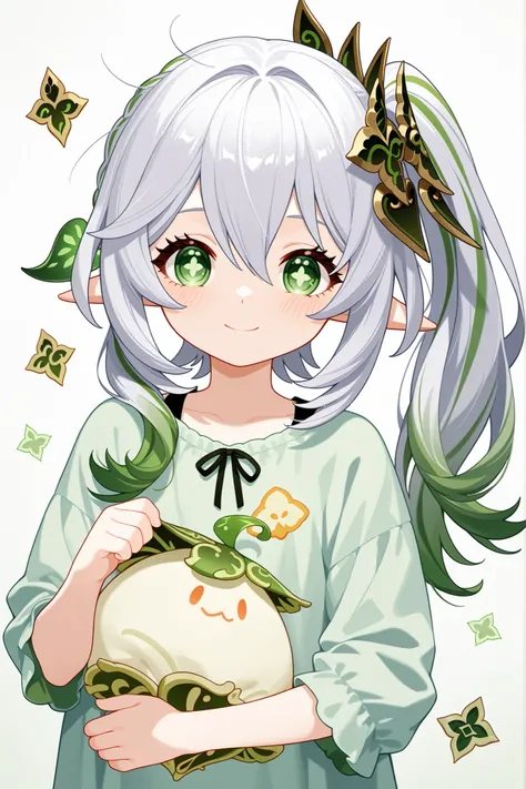 nahida, my nahida, genshin,Shy, smiling, messy hair, casual clothes