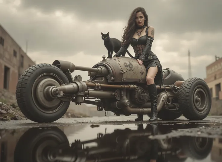 The image shows a desolate scenario with a Renegade Princess with her black cat on a uniquely designed motorcycle that embodies a steampunk or post-apocalyptic aesthetic. The motorcycle is sturdy, has only 2 sturdy all-terrain wheels, with a mix of exposed...