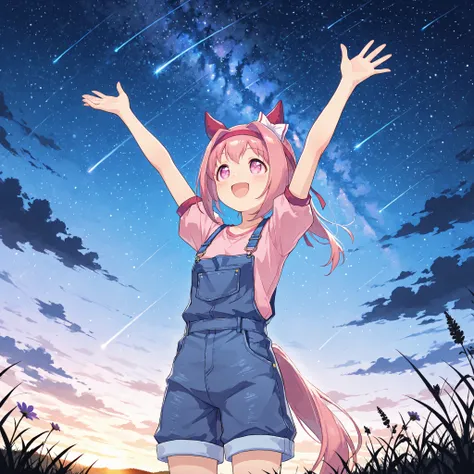 ,ultra_detailed,masterpiece,best quality,high resolution,anime-style illustration,1 girl ,solo,from below,three quarter view,farm,outdoors,cinematic lighting,starry night,shooting star,shooting star with sparkling trail,tiny bright sparkles,maltiple glowin...