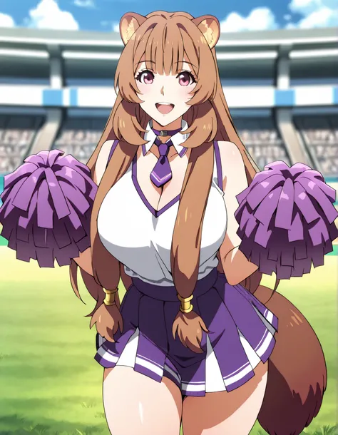 (best quality, masterpiece, ultra detailed, high resolution), Beautiful , tall, score_9, anime style, Masterpiece, best quality, 1girl, purple necktie, solo, 1girl, Raphtalia, tny-raphtalia, raccoon ears, raccoon tail, Brown hair, Pink Eyes, ,, , ,, purpl...