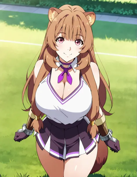 (best quality, masterpiece, ultra detailed, high resolution), Beautiful , tall, score_9, anime style, Masterpiece, best quality, 1girl, purple necktie, solo, 1girl, Raphtalia, tny-raphtalia, raccoon ears, raccoon tail, Brown hair, Pink Eyes, ,, , ,, purpl...