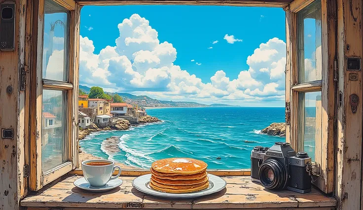 Views from an Open Window, Old, Peeled Wood Window Frames,plate with pancakes on it, Vintage Camera, Picture, A cup of tea, bright blue sky,Creamy Clouds, sunny day, Picturesque Views of the Harbor,beach, 窓枠の側面に貼られたステッカーとPicture, bright color, Nostalgic At...