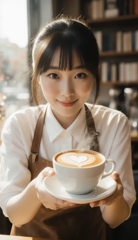 A photorealistic, ultra-detailed close-up shot of a stunning Asian female barista with flawless dewy skin and soft dark curtain bangs. She leans slightly forward over a sun-drenched café counter, offering a freshly made latte directly to the viewer, her ey...