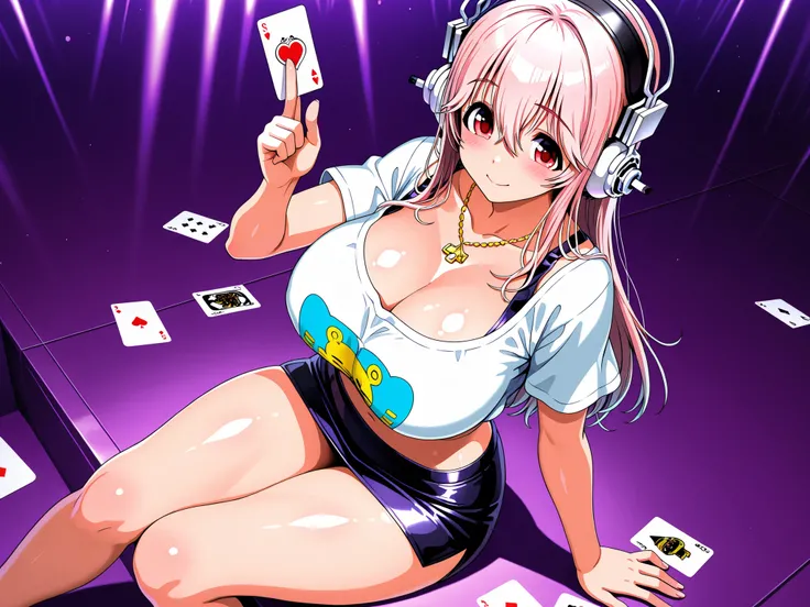 Super sonico, shes wearing a sexy mini skirt and revelead crop top, large breast, shes sitting in floor, with a  card in her hand, purple color, purple background, shiny skin, happy face.