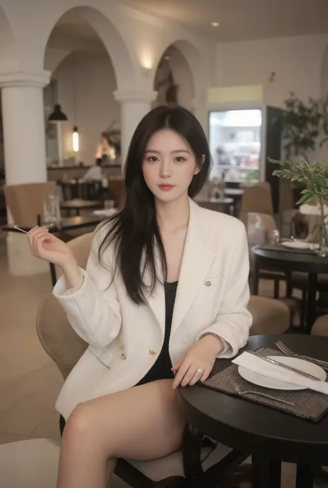 A stylish young woman sitting elegantly in a luxurious modern restaurant with high white arches and tall pillars. She has long straight black hair flowing naturally, looking down with a calm and graceful expression. ((She wears a chic ivory white tweed jac...