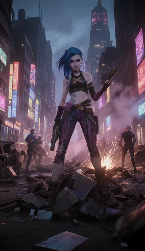 A dynamic and intense scene capturing Jinx, the chaotic marksman from League of Legends, amidst a high-stakes crime scene in a dystopian cityscape at twilight. Jinx stands at the center, her wild blue hair flowing wildly in the wind, her face lit with a mi...