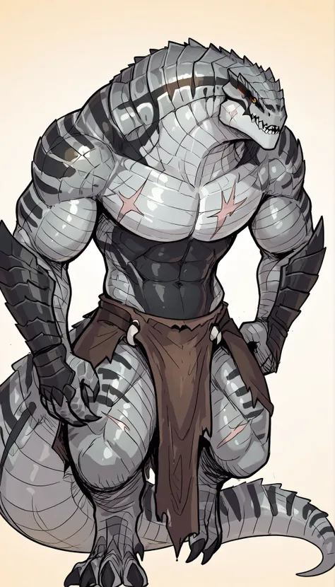 Muscular monster lizardfolk, solo, blue tongued skink lizardfolk, strong, tribal clothing, black belly, scars on body, 1male solo, anthro, digitrade legs, muscular, thick tail, thick neck, marked jaw, wearing a loincloth, best quality, 4k, ultra-detailed, ...