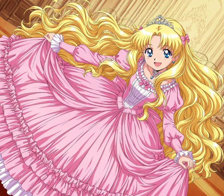 masterpiece, very beautiful, (Anime Coloring, anime screenshot), OFFICIAL ART, illustration, 1990's Anime Style,
1girl, masterpiece, Highest Quality, absurd, OFFICIAL ART, Official Style, Cute Princess, she's smiling,((pink silk satin victorian style large...
