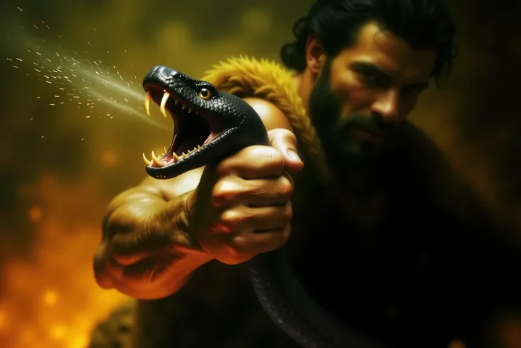 Photorealistic cinematic close-up of Hercules gripping the serpent tail of Cerberus in the fiery underworld. Focus on Hercules’s powerful, veiny hand clutching the snake’s head tightly as it rears back, mouth wide open. The serpent has black, textured scal...