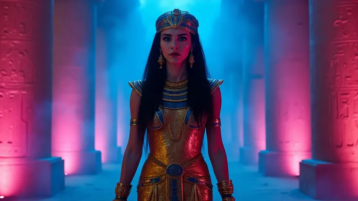 Diagonal-frontal Camera. An ultra-detailed and cinematic depiction of an Egyptian pharaoh queen walking through the interior of an Egyptian pyramid, with disco-style cinematic lighting.Egyptian Queen Effects: Beautiful face, curvaceous figure, straight bla...