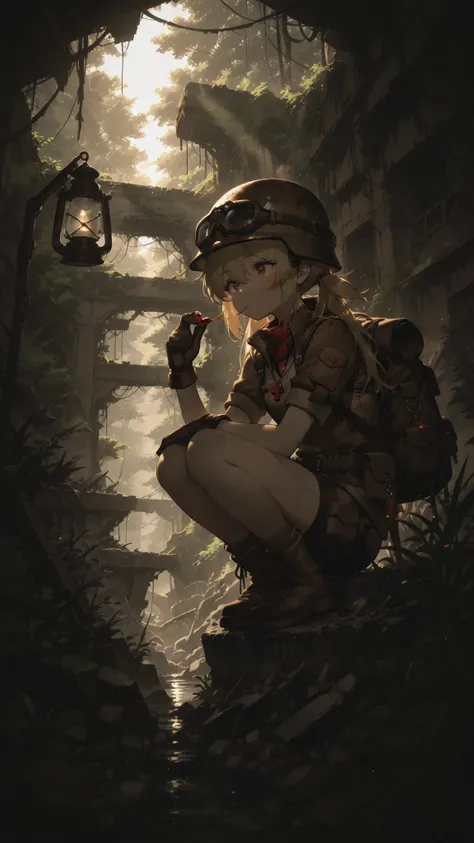 riko,twintails,blonde hair,brown short-sleeved jacket,red whistle,,masterpiece, Highest Quality, Great Quality, Helmets、lamp、Explore ruins、expedition