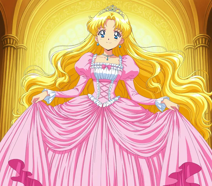 masterpiece, very beautiful, (Anime Coloring, anime screenshot), OFFICIAL ART, illustration, 1990's Anime Style,
1girl, masterpiece, Highest Quality, absurd, OFFICIAL ART, Official Style, Cute Princess, she's smiling,((pink silk satin victorian style large...