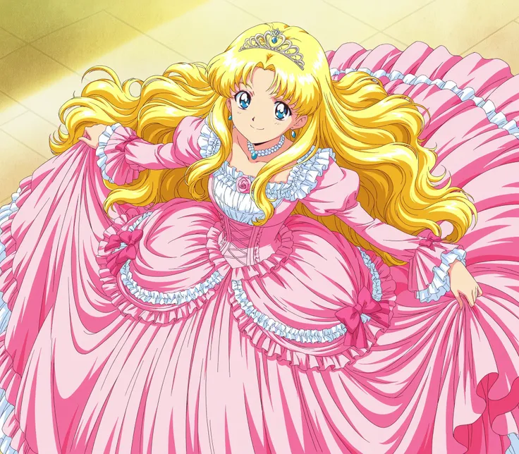 masterpiece, very beautiful, (Anime Coloring, anime screenshot), OFFICIAL ART, illustration, 1990's Anime Style,
1girl, masterpiece, Highest Quality, absurd, OFFICIAL ART, Official Style, Cute Princess, she's smiling,((pink silk satin victorian style large...