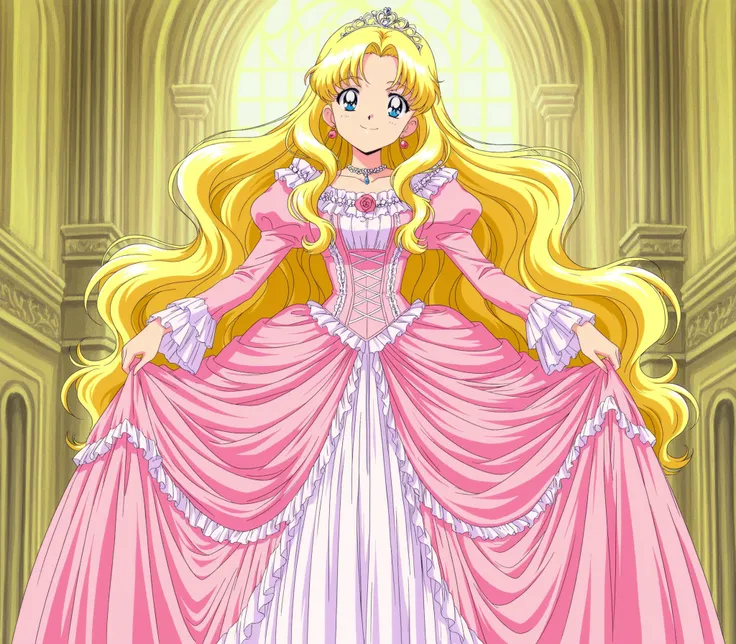 masterpiece, very beautiful, (Anime Coloring, anime screenshot), OFFICIAL ART, illustration, 1990's Anime Style,
1girl, masterpiece, Highest Quality, absurd, OFFICIAL ART, Official Style, Cute Princess, she's smiling,((pink silk satin victorian style large...