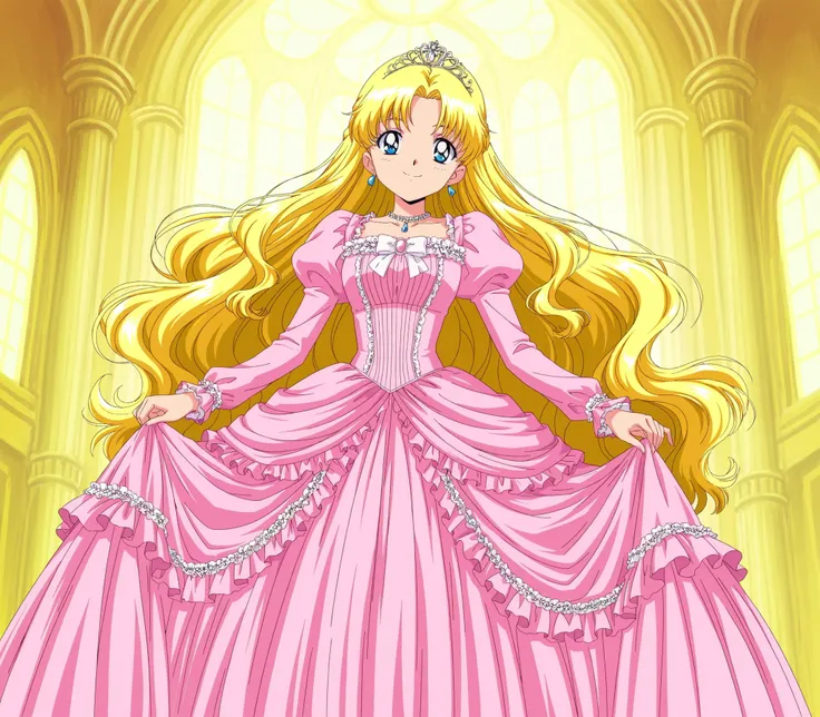 masterpiece, very beautiful, (Anime Coloring, anime screenshot), OFFICIAL ART, illustration, 1990's Anime Style,
1girl, masterpiece, Highest Quality, absurd, OFFICIAL ART, Official Style, Cute Princess, she's smiling,((pink silk satin victorian style large...