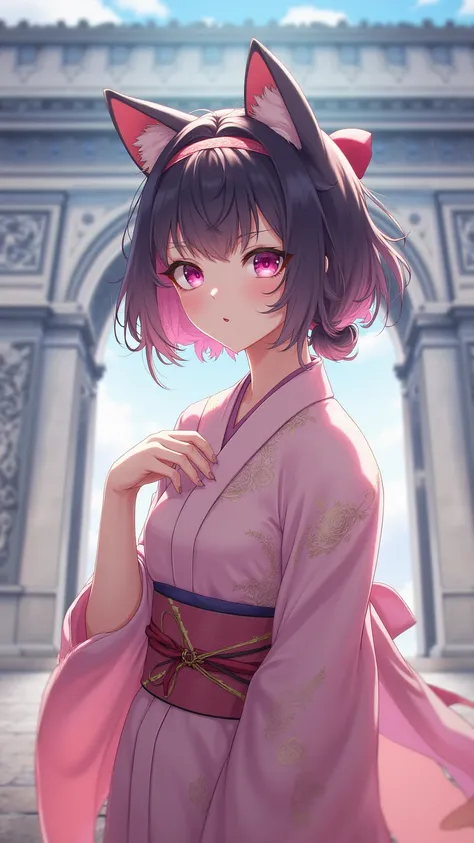 high-definition images、CyberAgent Mira、is photographed with cute cat ears and a pink kimono with the Arc de Triomphe in the background、