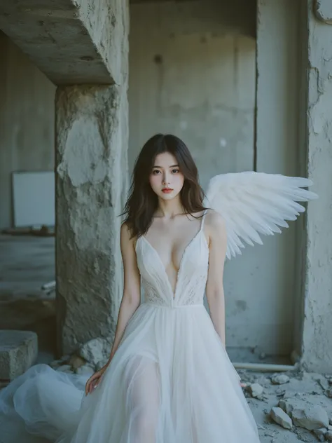 A celestial woman with innocent facial features and magnificent white angel wings lies on a bed constructed from concrete debris in an abandoned building. White sheer cloth wraps loosely around her body. The derelict concrete structure displays water stain...