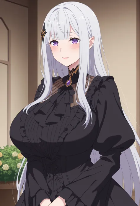 newest , masterpiece , anime screencap , anime coloring , adult ReZero, Solo, long dress, Satella, Anime, 1girl, Mature Female, pointy ears, hair ornament, blush, silver hair, long hair, closed mouth, light smile, lips, purple eyes, Huge breasts, view deta...
