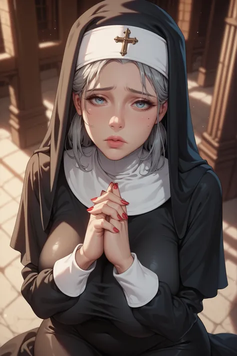 gray hair, young woman, large breasts, nun, tight clothes, sagging breasts, wide hips, thick, blue eyes, church background, sad, rosy lips, sad expression, red nails, , from above, praying, hands clasp,