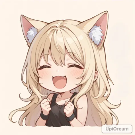masterpiece, Highest Quality, Great Quality, middle hair,white blonde hair ,chibi,golden eyes, デフォルメ, Cat ears、detail、high resolution、1 person、Without hands、solo、1 personの全身、black simple dress、tied 2 under the face、white scrunchies、LOL、standing grinning、髪...