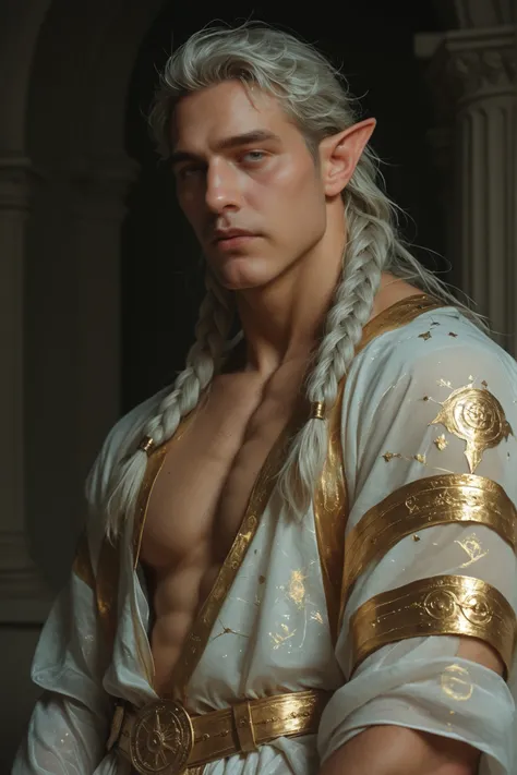 This is a highly detailed, photorealistic digital rendering of a mature elven man. He has long, braided platinum hair, pointed ears adorned with intricate gold chains, and a serene, commanding expression. His pale skin glows like a god's, and his eyes are ...