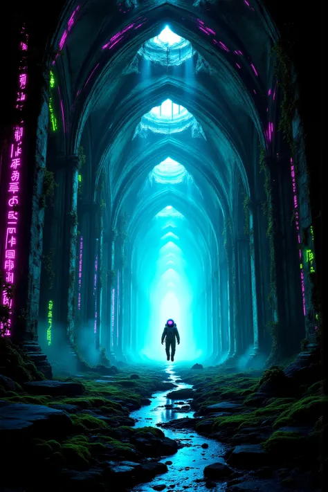 A wide simulated retinal afterimage of vast alien ruins enclosed in a decaying stone cathedral, rendered in false-color distortion. The interior arches rise like fractured ribs, their surfaces streaked with glowing glyphs and flickering neon trails—magenta...