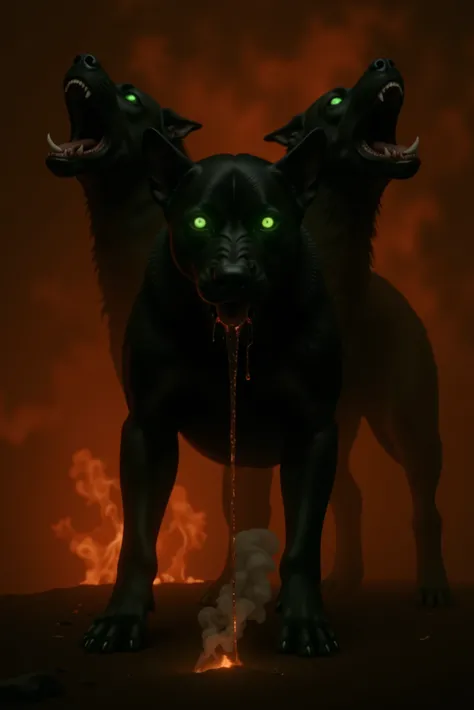 Photorealistic full-body cinematic portrait of Cerberus, the mythological three-headed black dog, standing in a fiery underworld. The creature faces forward, with the two side heads howling upward and the central head staring directly at the viewer. Thick,...