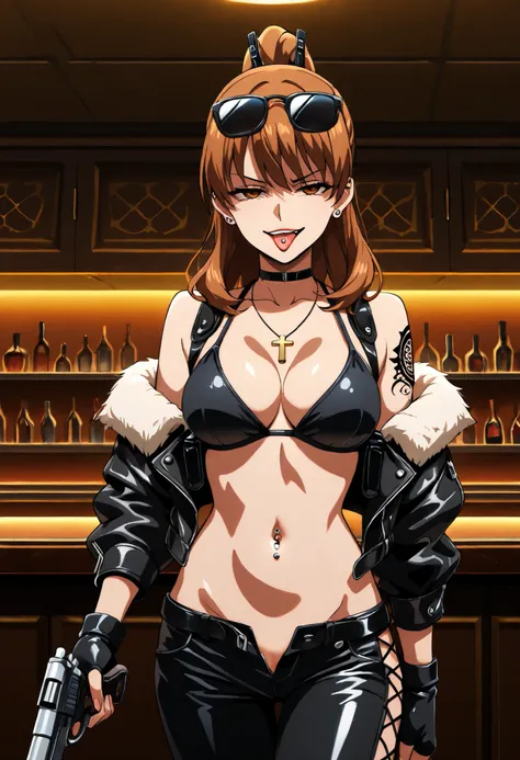 masterpiece, best quality, newest, solo, 1girl, s3ryu, , looking at viewer, , long hair, brown hair, ponytail, brown eyes, medium breast, mature female, ear piercing, long hair, , lipstick, Hot girl, baddie, smoking, sensual, attractive,cross necklace, ...