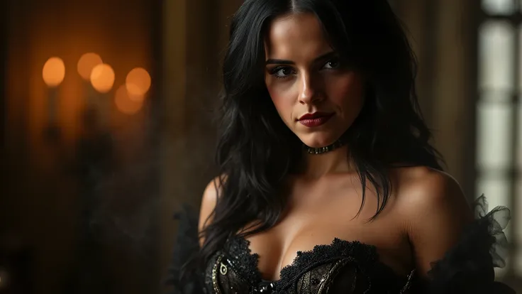 A close-up of the Dark Enchantress, her piercing golden eyes locking onto the viewer with a hypnotic, seductive gaze. Her raven-black hair frames her flawless face, her full lips curved into a confident smirk. The dim candlelight accentuates the gothic ele...