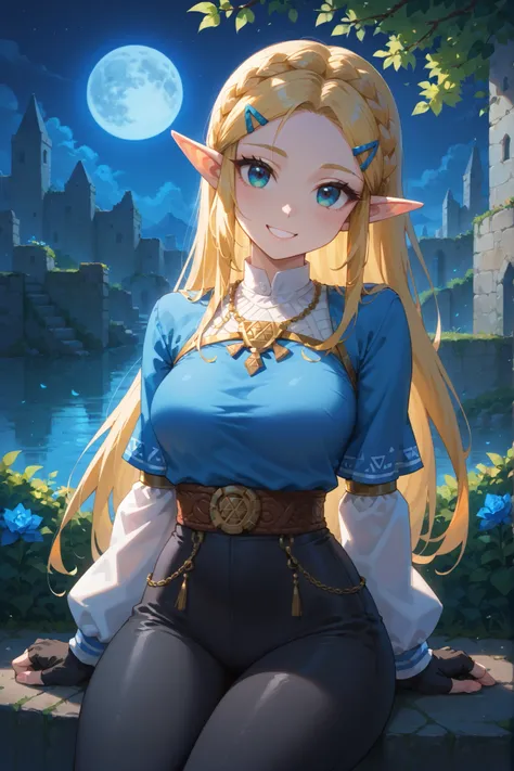 masterpiece, best quality,    ru1ns, scenery, outdoors, solo,  night, moon,    masterpiece, best quality, medium breasts, (curvy), narrow waist,   BREAK,  princess zelda, long hair, crown braid, hairclip, pointy ears, blue shirt, long sleeves, fingerless g...