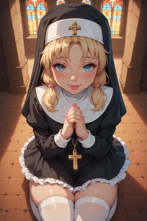 flat chest, cute, nun, twintails, wide hips, smiling, blush, rosy lips, blonde, rosary, church background, frilly skirt, frilly clothes, young, white stockings, blue eyes, thick thighs, kneeling, praying, from above, hands clasps, pink nails,