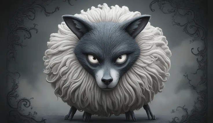 Surreal fantasy,  detailed, intricate, with patterns, texturized, dreamy and fantastical mood, wolf in sheep's clothing  by  Benjamin Lacombe with patterns