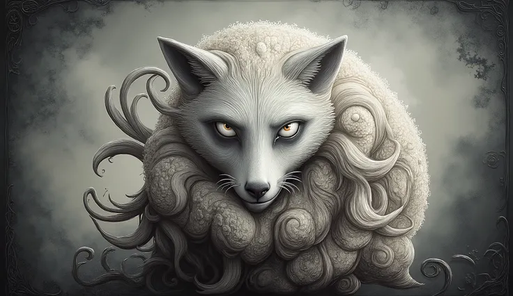 Surreal fantasy,  detailed, intricate, with patterns, texturized, dreamy and fantastical mood, wolf in sheep's clothing  by  Benjamin Lacombe with patterns