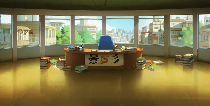 anime scene of a desk with a lot of books and a chair, anime background art, anime movie background, style of madhouse studio anime, anime background, typical anime classroom, anime scene, colorful anime movie background, office background, today's feature...