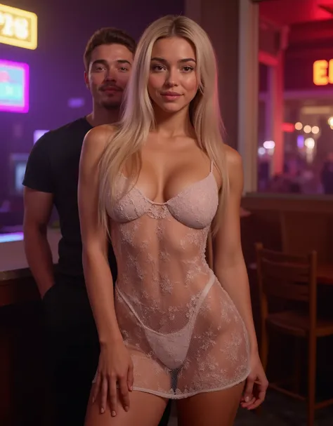 (she is wearing a sheer lace dress:1, visible thong), her boyfriend stands behind her:1.2,background is a dance club,sexy pose, ultra realism, photorealistic, Cinematic full body photo, beautiful, cute school girl, long blonde hair, clear bright eyes, cand...