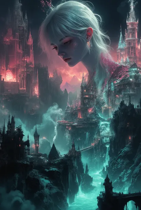 Silhouette art, breathtaking detail, a masterpiece that inspires awe, a shining, magnificent, dark background, the outlines of magnificent architectural objects emerging in the dark, ornate and incredibly detailed, pink, blue, neon-outlined castles and tow...