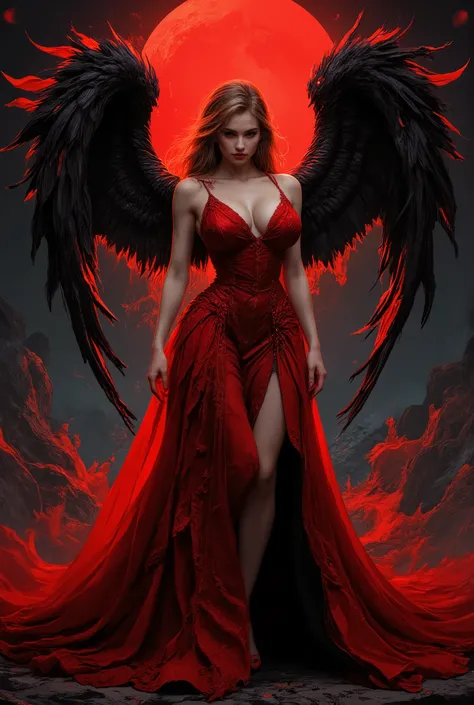 Detailed proportions and textures and multi-color with  in the style if dmai that presents a semi-realistic illustration a ornate hyper real of horrific disaster modern gothic style of  a otherworldly  female fatale with striking, large wings. The wings ar...