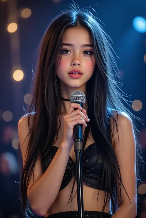 Very beautiful young teenage girl dengan rambut hitam medium lurus, has perfect small breasts, is performing on the concert stage. She holds the microphone with a stunning stunt, wearing a sexy sailor mars costume, sarung tangan hitam. The atmosphere of the stage is sparkling and epic with majestic lights all around. Composition display 3/4 tubuh, dramatic lighting, stunning stage effects, detail ultra tinggi, professional photography,  Dynamic viewing angle , resolusi 8K, hyperrealistic quality, Very beautiful young teenage girl, straight medium dark hair, Mata Biru jernih, mata bulat besar, mata yang indah, hidung mancung, bibir merah lembut, perfect small tits, cleavage on the lower chin, Tubuh langsing, very white and clean skin, Perfectly proportioned body and head, tatapan mendalam, pakai anting kecil, pakai kalung cantik, 8K Ultra HD Resolution
RAW photo, photorealistic quality
Maximum Sharpness, (karya agung:1.3,8k:1.3,Kualitas Tertinggi:1.3,detail:1.3,resolusi tinggi:1.3,lukisan digital,sangat detail), practice, Foto yang jelas, detail realistis, highly detailed background, Very clear background.