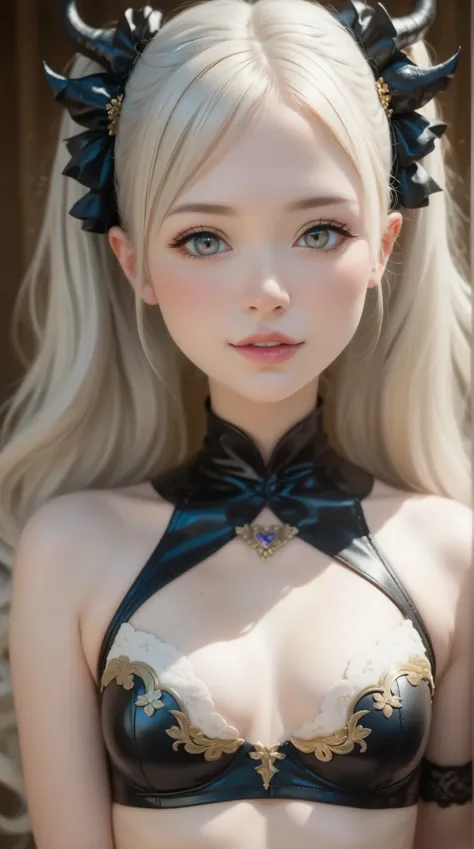 masterpiece、((( cowboy shot:1.2)))、Final Battle、 very cute girl 、 cute face、 so cute 、 so delicate and cute、 Detailed Eyes and Faces 、Dark Fantasy、 one girl、Alone、 My skin is white、 grey eyes、Open Your Lips、small nose、 Middle of Chest、Pretty Navel 、Crotch ...