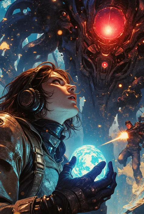 Dynamic scene, low-angle shot of the main explorer, a determined woman in a scarred, brass-and-leather environmental suit. Her helmet is retracted, revealing her face illuminated by the pulsating blue light from a recovered alien artifact she holds in her ...