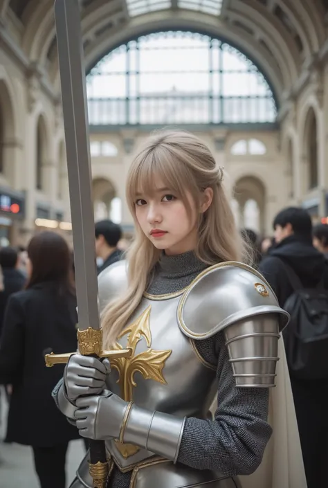 the best quality、perfection、image that follows the skin、Station Square、silver knight costume、Raising a big sword、shining armor、 gold decoration、capa escarlata、wavy blonde、dignified expression、Shooting of the crowd with a cell phone、Meeting of people々、、big ...
