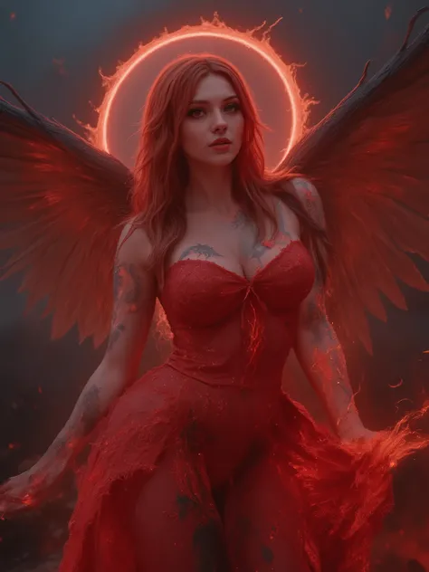 Detailed proportions and textures and multi-color with  in the style if dmai that presents a semi-realistic illustration a ornate hyper real of horrific disaster modern gothic style of  a otherworldly  female fatale with striking, large wings. The wings ar...