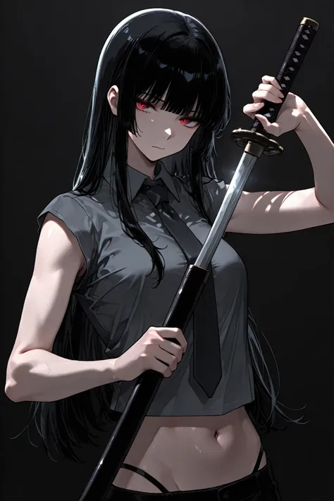 masterpiece,1girl,solo,long hair,hime cut,black hair, red eyes,holding katana,holding sword unsheathing,athletic body, grey shirt, shirt collar, tie, bare arms,midriff,faced viewer,upper body,closed mouth, panty strap