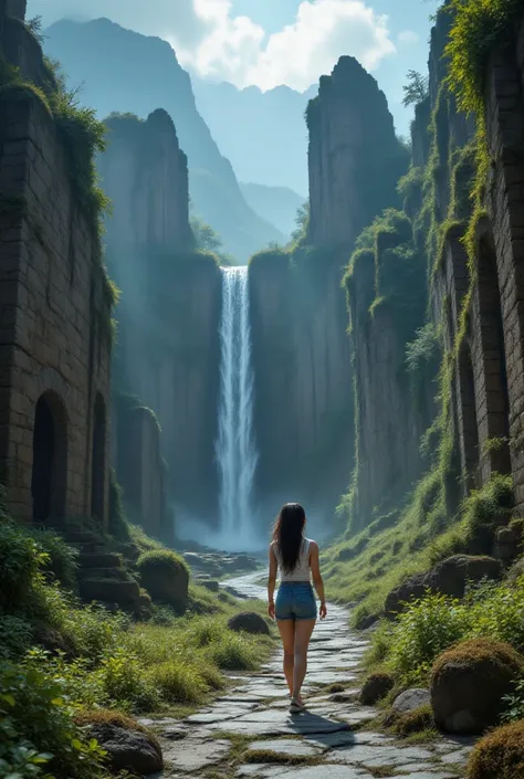 The ruins of a once very large and majestic ancient palace with a natural and very beautiful landscape atmosphere, The ruins are right on the flank of two steep hills and are next to the waterfall, the effect of dew and light and the gurgling of water from the falling waterfall. A very beautiful young teenage girl is walking while looking at the natural masterpieces of the ancient palace ruins around her, fashionable sexy short white top and sexy jeans short pants, full view from below, hair Black medium straight low ponytail, Mata Biru jernih, mata bulat besar, mata yang indah, hidung mancung, bibir merah lembut, perfect small tits, cleavage on the lower chin, Tubuh langsing, very white and clean skin, Perfectly proportioned body and head, tatapan mendalam, pakai anting kecil, pakai kalung cantik, 8K ultra HD resolution, Ketajaman Maksimal, (karya agung:1.3,8k:1.3,Kualitas Tertinggi:1.3,detail:1.3,resolusi tinggi:1.3,lukisan digital,sangat detail), practice, Foto yang jelas, detail realistis, highly detailed background, Very clear background.