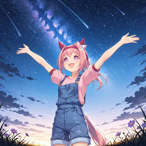 ,ultra_detailed,masterpiece,best quality,high resolution,anime-style illustration,1 girl ,solo,from below,three quarter view,farm,outdoors,cinematic lighting,starry night,shooting star,shooting star with sparkling trail,tiny bright sparkles,maltiple glowin...