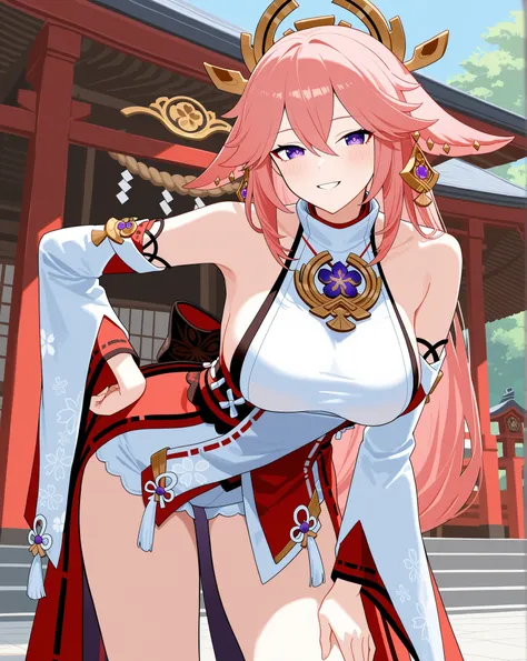 	(Yae Miko \Genshin Impact\,) 

japanese clothes, bare shoulders, 
pink detached sleeves, wide sleeves, 
bare legs, white lace shorts, 
jewelry, 

cute expression, looking at viewer, mischivious smile, 
leaning forward, one hand on thighs, one hand on hips...